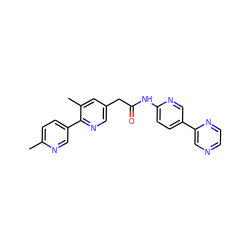 Cc1ccc(-c2ncc(CC(=O)Nc3ccc(-c4cnccn4)cn3)cc2C)cn1 ZINC000473118000