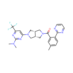 Cc1ccc(-c2ncccn2)c(C(=O)N2C[C@@H]3CN(c4cc(C(F)(F)F)nc(N(C)C)n4)C[C@@H]3C2)c1 ZINC000116824585