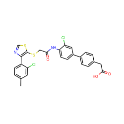 Cc1ccc(-c2ncsc2SCC(=O)Nc2ccc(-c3ccc(CC(=O)O)cc3)cc2Cl)c(Cl)c1 ZINC000044430331