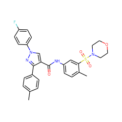 Cc1ccc(-c2nn(-c3ccc(F)cc3)cc2C(=O)Nc2ccc(C)c(S(=O)(=O)N3CCOCC3)c2)cc1 ZINC000169340192