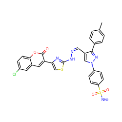 Cc1ccc(-c2nn(-c3ccc(S(N)(=O)=O)cc3)cc2/C=N\Nc2nc(-c3cc4cc(Cl)ccc4oc3=O)cs2)cc1 ZINC000653861636