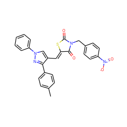 Cc1ccc(-c2nn(-c3ccccc3)cc2/C=C2\SC(=O)N(Cc3ccc([N+](=O)[O-])cc3)C2=O)cc1 ZINC001772617340