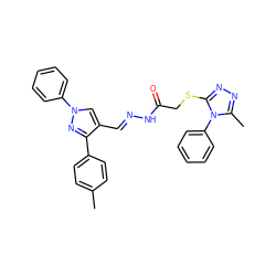 Cc1ccc(-c2nn(-c3ccccc3)cc2/C=N/NC(=O)CSc2nnc(C)n2-c2ccccc2)cc1 ZINC000001207631