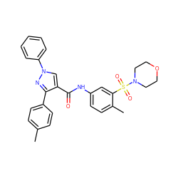 Cc1ccc(-c2nn(-c3ccccc3)cc2C(=O)Nc2ccc(C)c(S(=O)(=O)N3CCOCC3)c2)cc1 ZINC000008693880