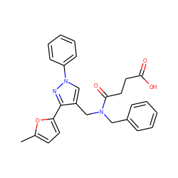 Cc1ccc(-c2nn(-c3ccccc3)cc2CN(Cc2ccccc2)C(=O)CCC(=O)O)o1 ZINC000002657839