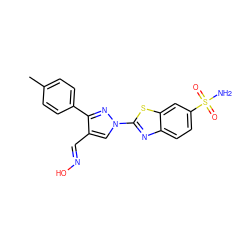 Cc1ccc(-c2nn(-c3nc4ccc(S(N)(=O)=O)cc4s3)cc2/C=N/O)cc1 ZINC000299834473