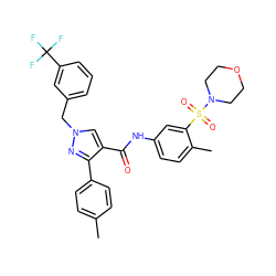 Cc1ccc(-c2nn(Cc3cccc(C(F)(F)F)c3)cc2C(=O)Nc2ccc(C)c(S(=O)(=O)N3CCOCC3)c2)cc1 ZINC000169340218