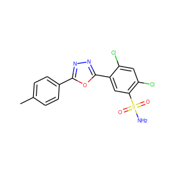 Cc1ccc(-c2nnc(-c3cc(S(N)(=O)=O)c(Cl)cc3Cl)o2)cc1 ZINC000169351742