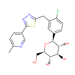 Cc1ccc(-c2nnc(Cc3cc([C@@H]4O[C@H](CO)[C@@H](O)[C@H](O)[C@H]4O)ccc3Cl)s2)cn1 ZINC000045338479