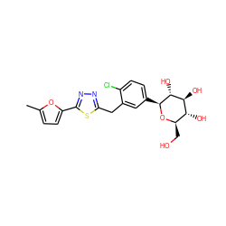 Cc1ccc(-c2nnc(Cc3cc([C@@H]4O[C@H](CO)[C@@H](O)[C@H](O)[C@H]4O)ccc3Cl)s2)o1 ZINC000045337691