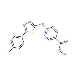 Cc1ccc(-c2nnc(Nc3ncc(C(=O)NO)cn3)s2)cc1 ZINC000072123504