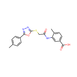 Cc1ccc(-c2nnc(SCC(=O)Nc3cc(C(=O)O)ccc3C)o2)cc1 ZINC000013364766