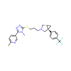 Cc1ccc(-c2nnc(SCCCN3C[C@@H]4C[C@]4(c4ccc(C(F)(F)F)cc4)C3)n2C)cn1 ZINC000049792536