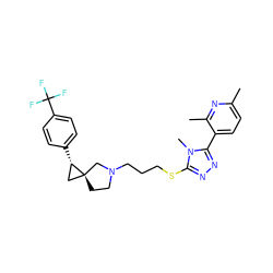 Cc1ccc(-c2nnc(SCCCN3CC[C@]4(C[C@@H]4c4ccc(C(F)(F)F)cc4)C3)n2C)c(C)n1 ZINC001772587093