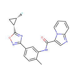 Cc1ccc(-c2noc([C@@H]3C[C@@H]3F)n2)cc1NC(=O)c1cnc2ccccn12 ZINC000206128757