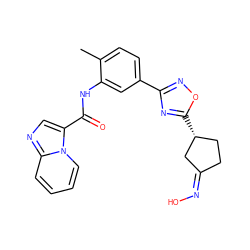 Cc1ccc(-c2noc([C@@H]3CC/C(=N/O)C3)n2)cc1NC(=O)c1cnc2ccccn12 ZINC000217872410