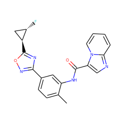 Cc1ccc(-c2noc([C@H]3C[C@@H]3F)n2)cc1NC(=O)c1cnc2ccccn12 ZINC000206103201