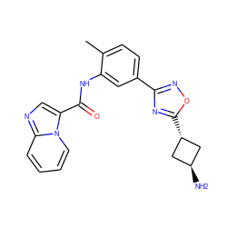 Cc1ccc(-c2noc([C@H]3C[C@H](N)C3)n2)cc1NC(=O)c1cnc2ccccn12 ZINC001772586877