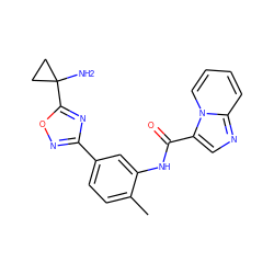 Cc1ccc(-c2noc(C3(N)CC3)n2)cc1NC(=O)c1cnc2ccccn12 ZINC000206106212