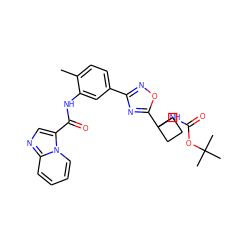 Cc1ccc(-c2noc(C3(NC(=O)OC(C)(C)C)CCC3)n2)cc1NC(=O)c1cnc2ccccn12 ZINC000206129906