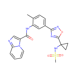 Cc1ccc(-c2noc(C3(NS(C)(=O)=O)CC3)n2)cc1NC(=O)c1cnc2ccccn12 ZINC000206105686