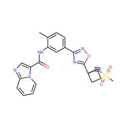 Cc1ccc(-c2noc(C3(NS(C)(=O)=O)CCC3)n2)cc1NC(=O)c1cnc2ccccn12 ZINC000206125225