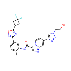 Cc1ccc(-c2noc(C3CC(F)(F)C3)n2)cc1NC(=O)c1cnc2cc(-c3cn(CCO)nn3)ccn12 ZINC000206120742