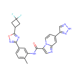 Cc1ccc(-c2noc(C3CC(F)(F)C3)n2)cc1NC(=O)c1cnc2cc(-c3cn[nH]n3)ccn12 ZINC000206106428