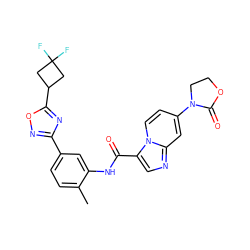 Cc1ccc(-c2noc(C3CC(F)(F)C3)n2)cc1NC(=O)c1cnc2cc(N3CCOC3=O)ccn12 ZINC000206137980