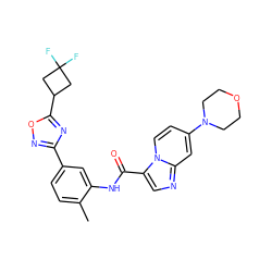 Cc1ccc(-c2noc(C3CC(F)(F)C3)n2)cc1NC(=O)c1cnc2cc(N3CCOCC3)ccn12 ZINC000206101250