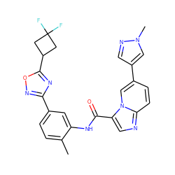 Cc1ccc(-c2noc(C3CC(F)(F)C3)n2)cc1NC(=O)c1cnc2ccc(-c3cnn(C)c3)cn12 ZINC000206102636