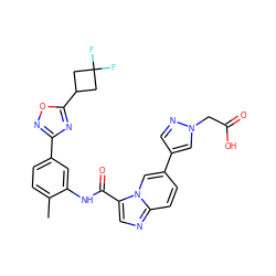 Cc1ccc(-c2noc(C3CC(F)(F)C3)n2)cc1NC(=O)c1cnc2ccc(-c3cnn(CC(=O)O)c3)cn12 ZINC000206101390