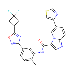 Cc1ccc(-c2noc(C3CC(F)(F)C3)n2)cc1NC(=O)c1cnc2ccc(-c3cscn3)cn12 ZINC000206109361