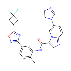 Cc1ccc(-c2noc(C3CC(F)(F)C3)n2)cc1NC(=O)c1cnc2ccc(-n3ccnc3)cn12 ZINC000206113484