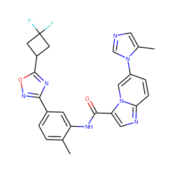 Cc1ccc(-c2noc(C3CC(F)(F)C3)n2)cc1NC(=O)c1cnc2ccc(-n3cncc3C)cn12 ZINC000206116460