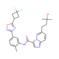 Cc1ccc(-c2noc(C3CC(F)(F)C3)n2)cc1NC(=O)c1cnc2ccc(CCC(C)(C)O)cn12 ZINC000206115058