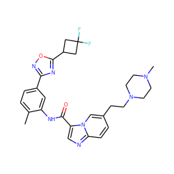 Cc1ccc(-c2noc(C3CC(F)(F)C3)n2)cc1NC(=O)c1cnc2ccc(CCN3CCN(C)CC3)cn12 ZINC000206117862