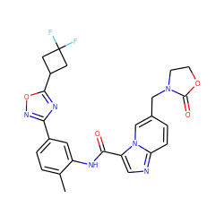 Cc1ccc(-c2noc(C3CC(F)(F)C3)n2)cc1NC(=O)c1cnc2ccc(CN3CCOC3=O)cn12 ZINC000206130907