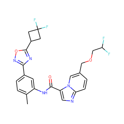 Cc1ccc(-c2noc(C3CC(F)(F)C3)n2)cc1NC(=O)c1cnc2ccc(COCC(F)F)cn12 ZINC000206374083