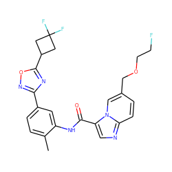 Cc1ccc(-c2noc(C3CC(F)(F)C3)n2)cc1NC(=O)c1cnc2ccc(COCCF)cn12 ZINC000206383069