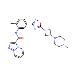 Cc1ccc(-c2noc(C3CC(N4CCN(C)CC4)C3)n2)cc1NC(=O)c1cnc2ccccn12 ZINC000144103286