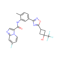 Cc1ccc(-c2noc(C3CC(O)(C(F)(F)F)C3)n2)cc1NC(=O)c1cnc2cc(F)ccn12 ZINC000144117523