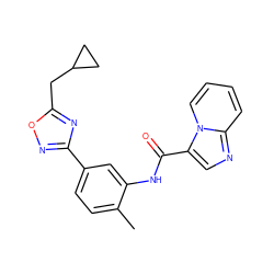 Cc1ccc(-c2noc(CC3CC3)n2)cc1NC(=O)c1cnc2ccccn12 ZINC000206107708