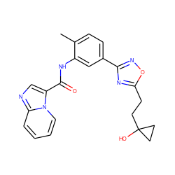 Cc1ccc(-c2noc(CCC3(O)CC3)n2)cc1NC(=O)c1cnc2ccccn12 ZINC000206114518