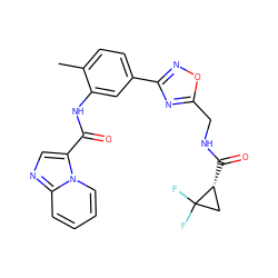 Cc1ccc(-c2noc(CNC(=O)[C@@H]3CC3(F)F)n2)cc1NC(=O)c1cnc2ccccn12 ZINC000206109036