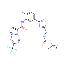 Cc1ccc(-c2noc(CNC(=O)OC3(C)CC3)n2)cc1NC(=O)c1cnc2cc(C(F)(F)F)ccn12 ZINC000206114766