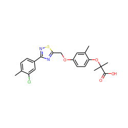 Cc1ccc(-c2nsc(COc3ccc(OC(C)(C)C(=O)O)c(C)c3)n2)cc1Cl ZINC000029059206