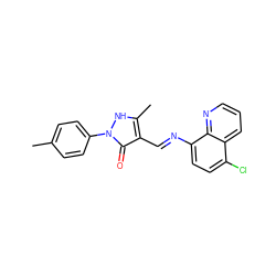 Cc1ccc(-n2[nH]c(C)c(C=Nc3ccc(Cl)c4cccnc34)c2=O)cc1 ZINC000261176341