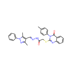 Cc1ccc(-n2c(SCC(=O)N/N=C/c3c(C)nn(-c4ccccc4)c3C)nc3ccccc3c2=O)cc1 ZINC000001817251