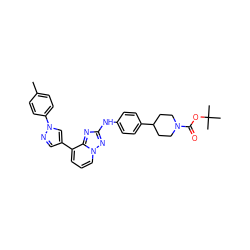 Cc1ccc(-n2cc(-c3cccn4nc(Nc5ccc(C6CCN(C(=O)OC(C)(C)C)CC6)cc5)nc34)cn2)cc1 ZINC000096169792